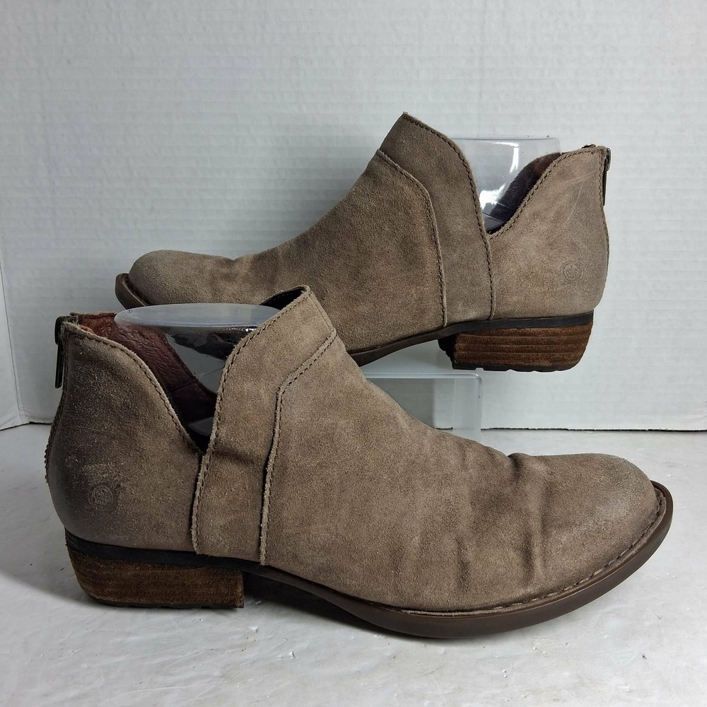 Born Suede Ankle Boots‎ Taupe Cutout Side Zip Low Heel Women's Size 9M READ